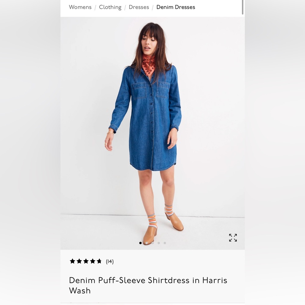 Madewell denim puff-sleeve shirt dress. XS. Great condition.